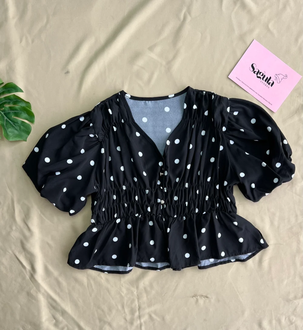 Polka Dot Puff Sleeve Ruched Crop Top