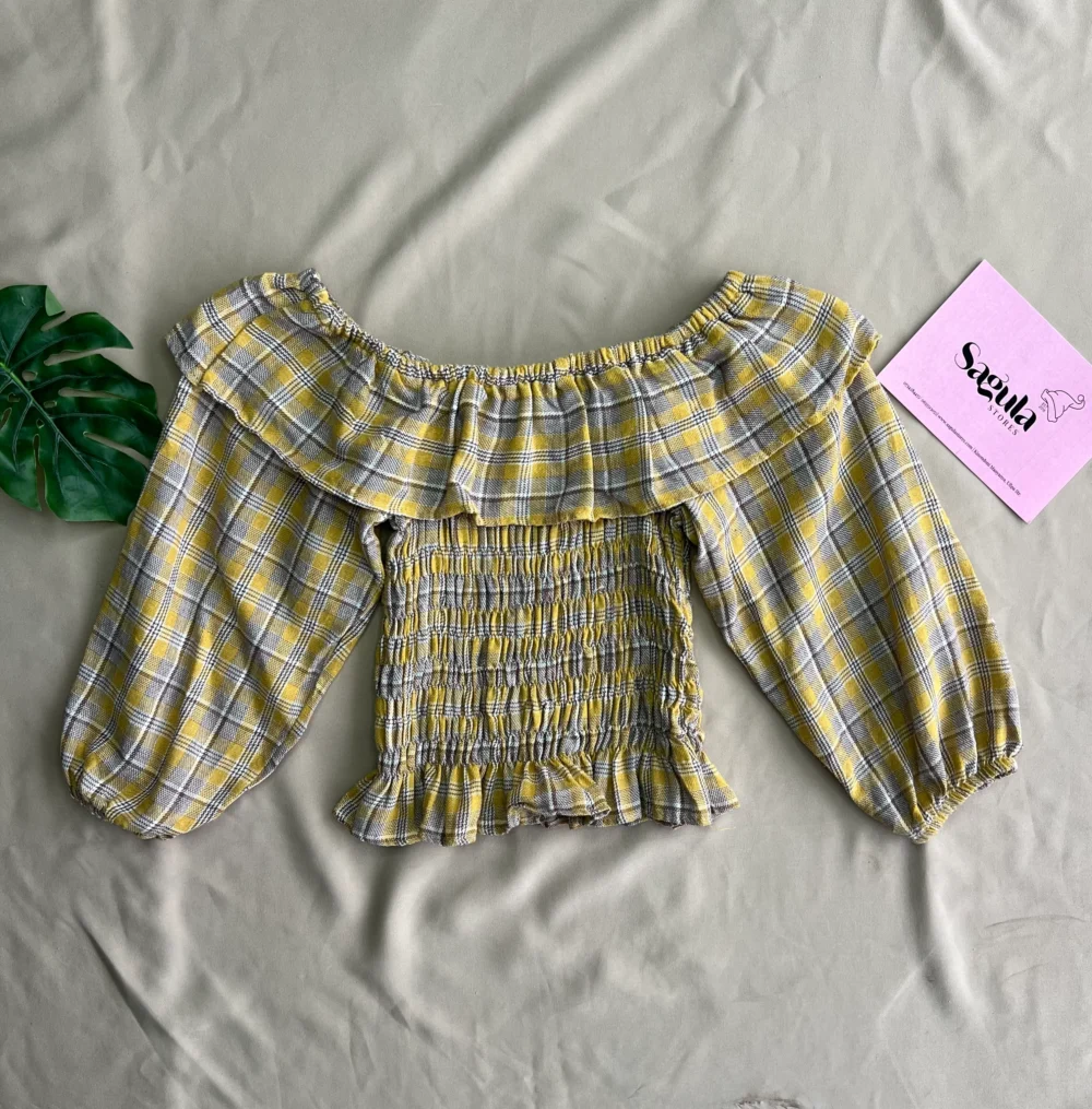Crop Top Off Shoulder Ribbed Gingham Top