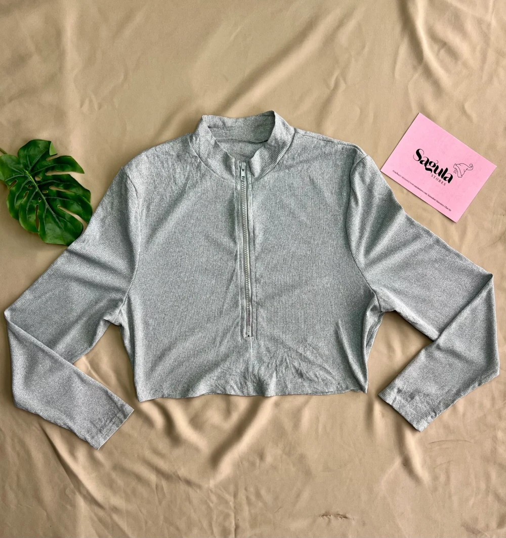 Long Sleeve Grey Ribbed Crop Top