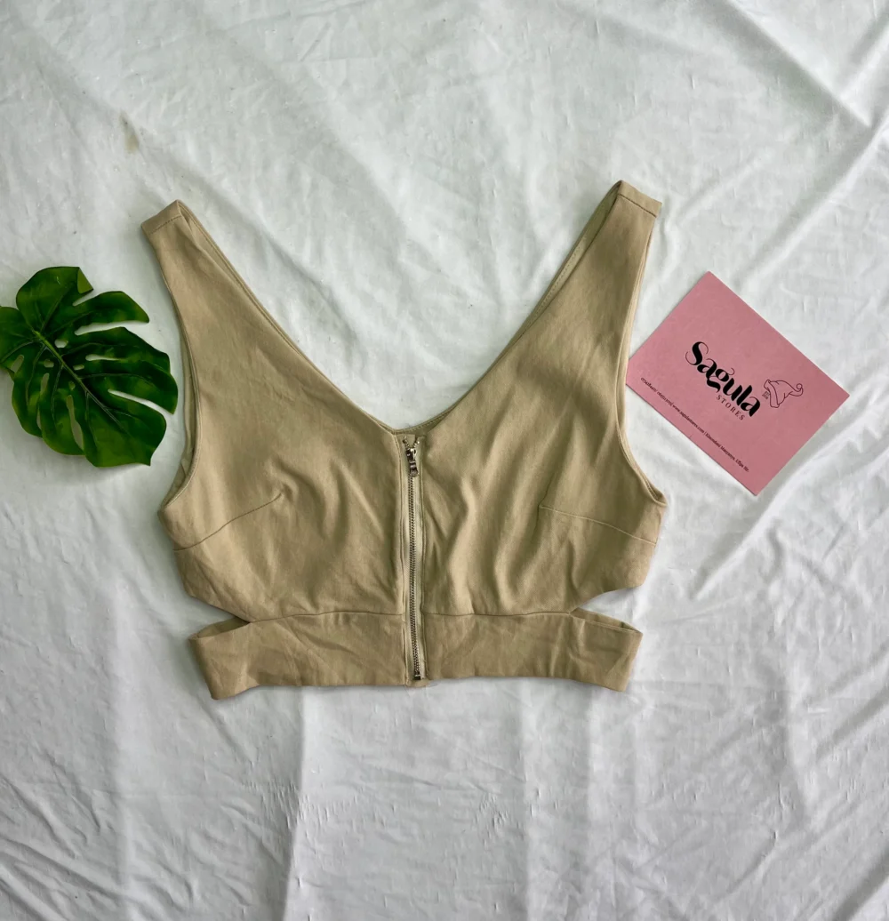 Khaki With Silver Zipper Crop Top
